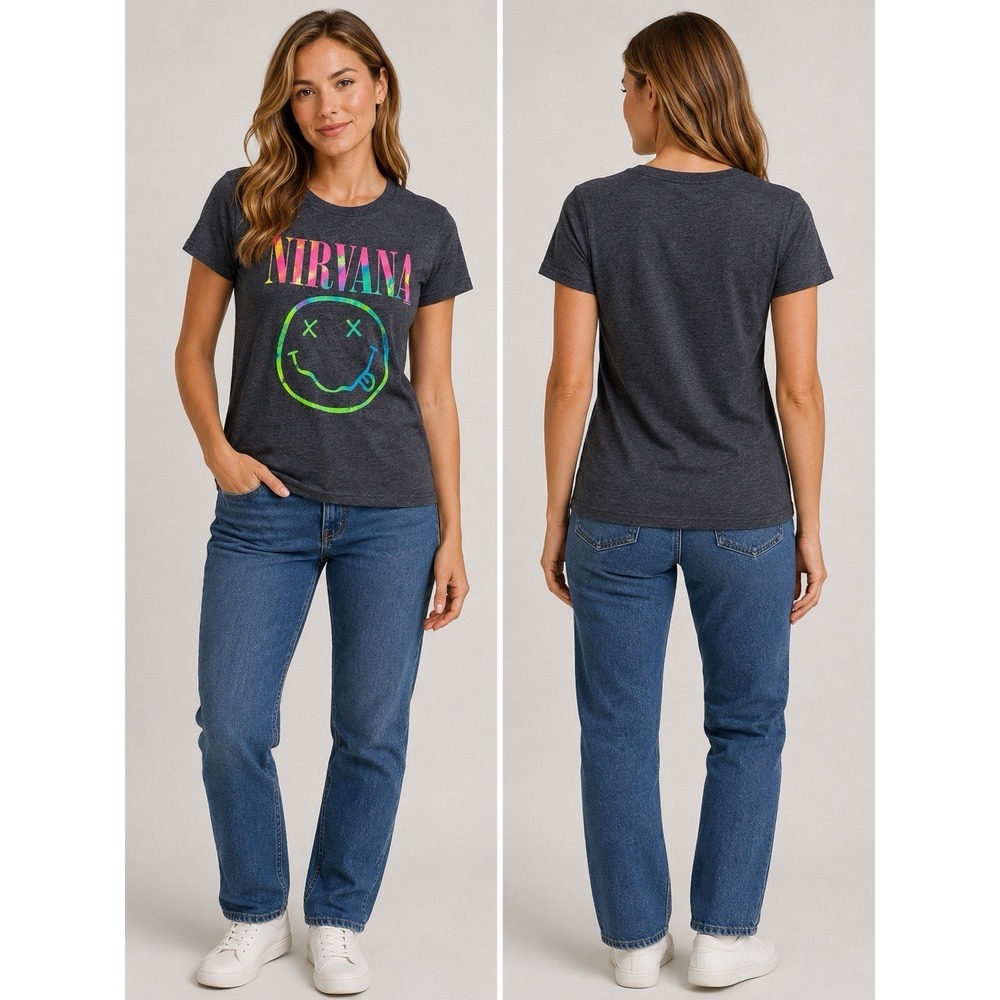 NIRVANA Gray Tee Neon Rainbow Logo Womens Size Medium Read Description Shrunk